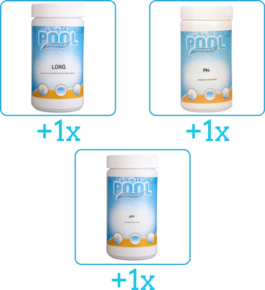 Zwembad Onderhoudspakket - Onderhoud Zwembad - bevat Chloor - PH-min en PH-plus (3-delig)