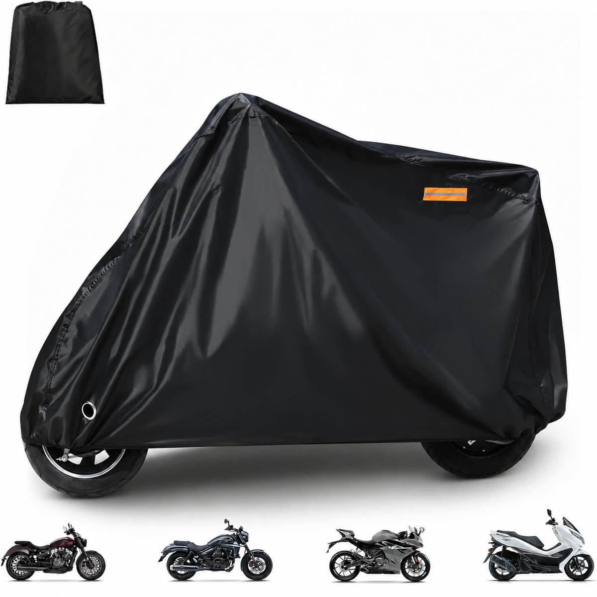 Motorhoes en Fietshoes – Waterdichte Motorafdekking & Beschermhoes voor Fiets – 210D Oxford-stof – Voor Motor, Fiets, E-bike, Scooter en Brommer – Met Slotogen, Klikgesp en Elastische Zoom – XL 245 x 105 x 125 cm – Zwart