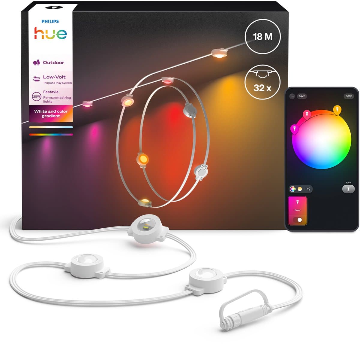 Philips Hue Festavia permanent - Witte snoer 18 m met 32 lampen - Wit en gekleurd licht met kleurverloop - Tot 50 lumen per lamp