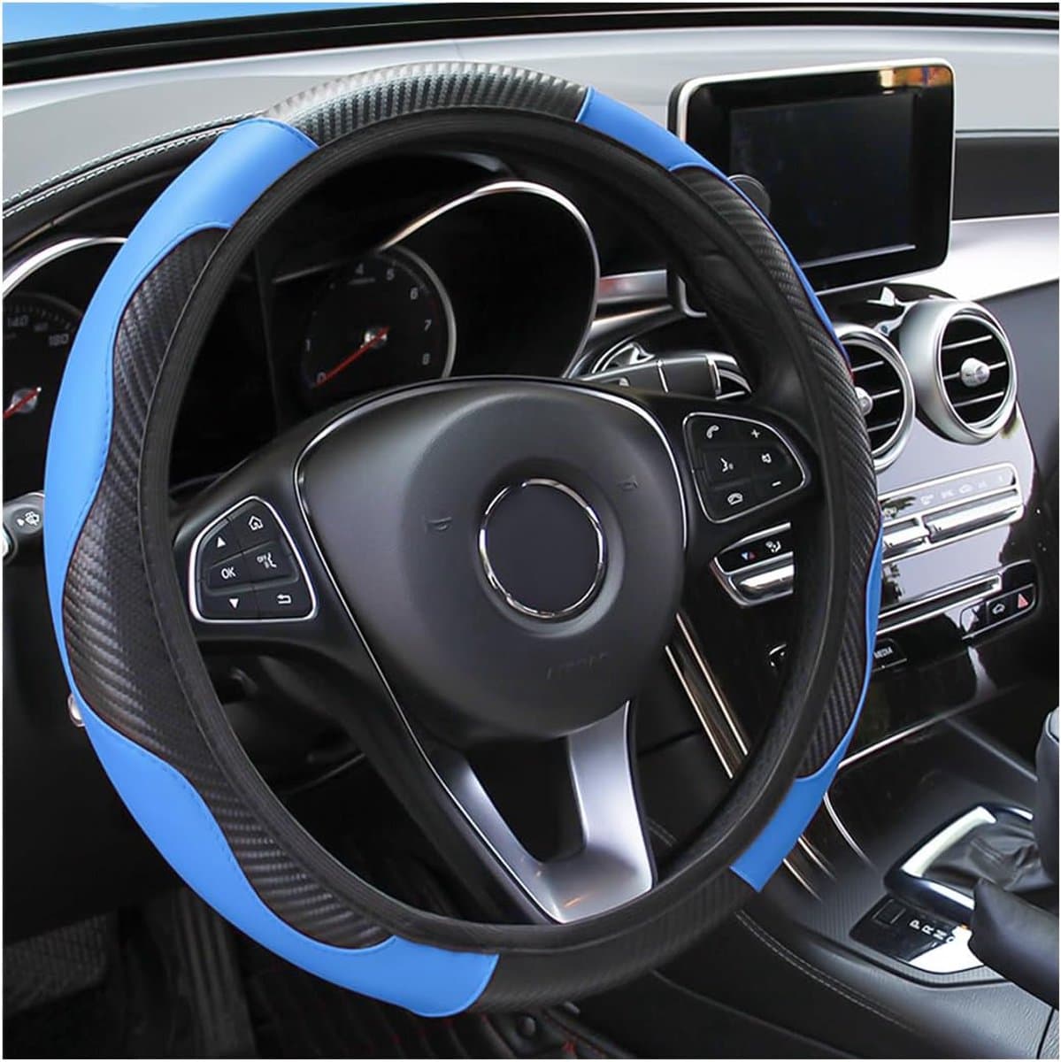 Stuurhoes voor auto, 15 inch stuurhoes van koolstofvezel, microvezel en PU-leer, elastisch voor mannen en vrouwen, antislip, ademende auto-interieuraccessoires voor de meeste auto's (blauw)
