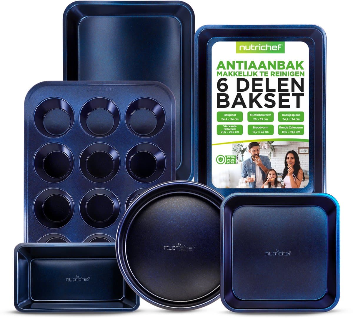 NutriChef 6-delige Bakvormenset – Antiaanbak Carbonstalen Bakplaten met Koekjesplaat, Muffinvorm, Cakeblik, Ronde & Vierkante Vorm – Oven- & Vaatwasserbestendig