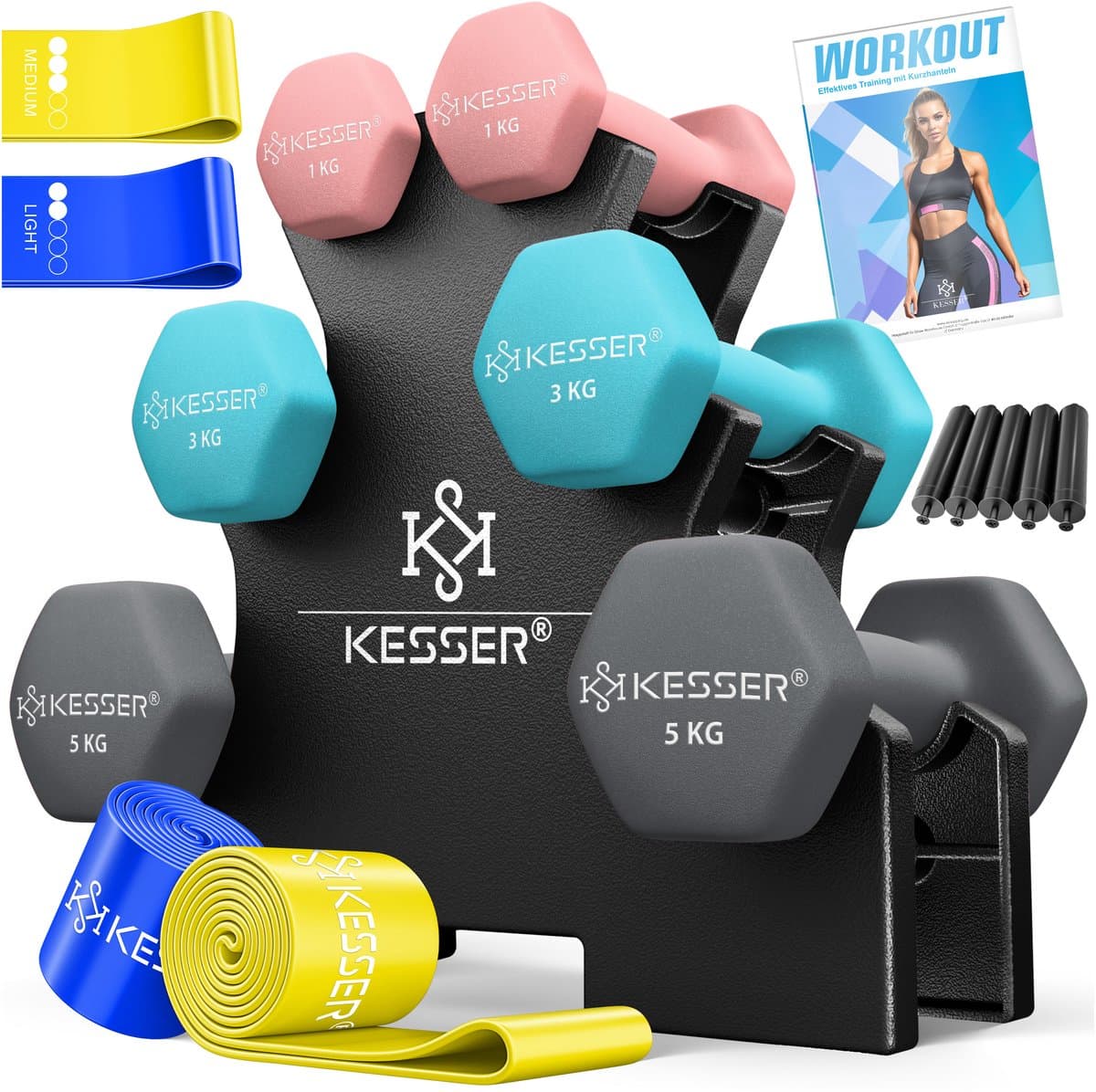 KESSER® Dumbells Set 3 Paren (2x 1, 2 & 5kg) = 18 kg totaal | 6x Dumbbells verstelbaar Geschikt voor Fitness Zumba & Aerobics | Halters Gewichten Set met Standaard | Halterset met oefeningenboekje, 2x fitnessbanden