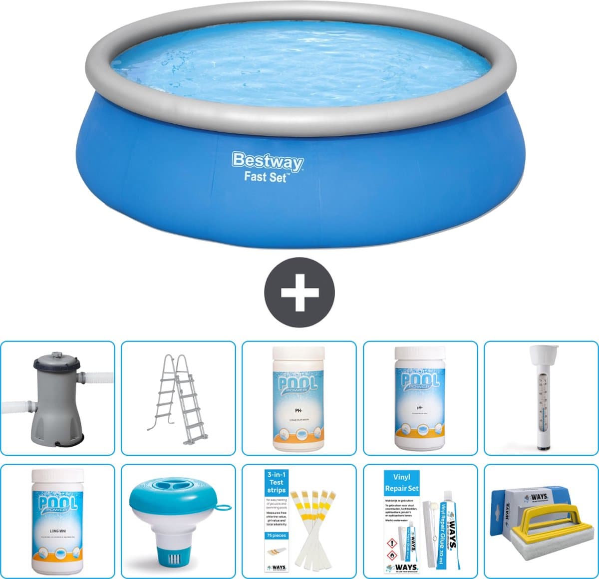 Bestway Rond Opblaasbaar Fast Set Zwembad - 457 x 122 cm - Blauw - Inclusief Pomp - Ladder Chloor - Chloordrijver - Testrips - Reparatiesetje - Scrubborstel - PH-waarde - PH-waarde - Thermometer