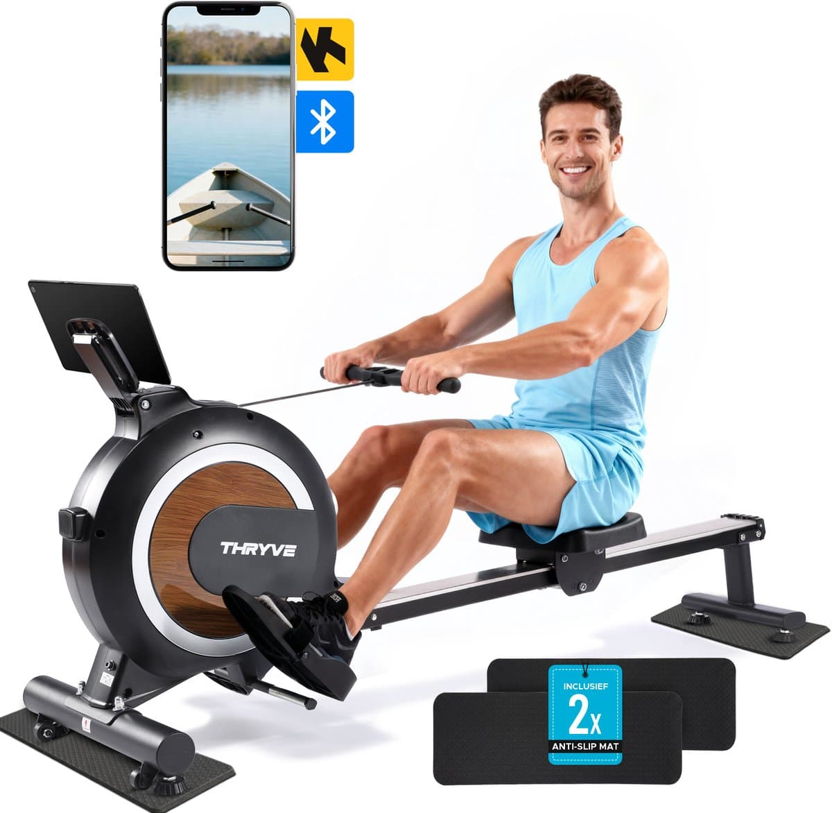 Thryve® Roeitrainer Pro - Roeimachine met App - Roeiapparaat met 32 Weerstandniveaus - Professioneel LED Display, App-Connectiviteit & Anti-Slip Matten – Geschikt tot 200 cm / 130 kg