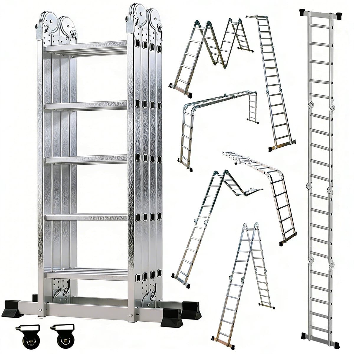OUTIGO Multifunctionele ladder - 5,7 meter - 7 in 1 - opvouwbaar - aluminium - met 2 wielen - geschikt voor huishoudelijk gebruik - 20treden