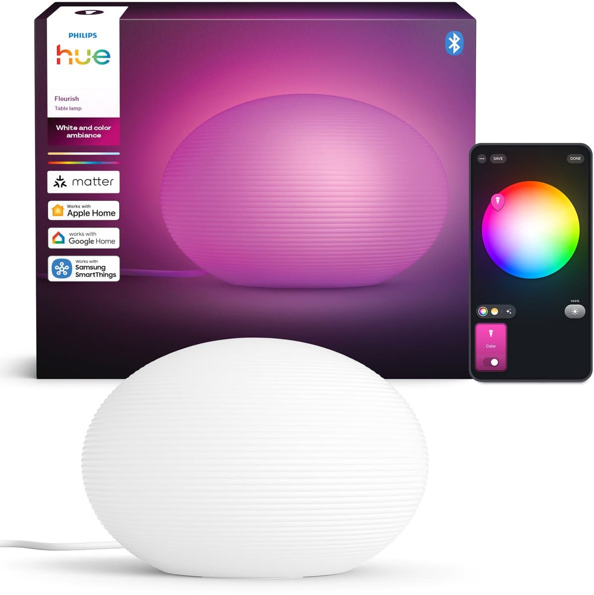 Philips Hue Flourish tafellamp - Witte Glazen kap - Instelbaar wit en gekleurd licht - Slimme LED lamp inbegrepen - 1100 lumen - Bediening via onze app of met je stem - Compatibel met Matter