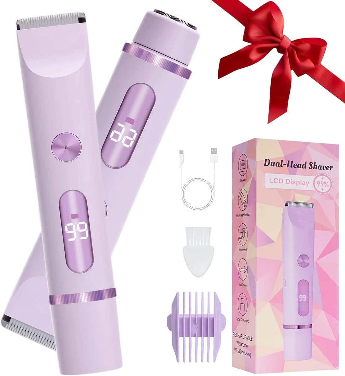 Scheerapparaat - 2-in-1 elektrisch scheerapparaat - Elektrische bikin trimmer voor vrouwen - Met dubbele kop voor vrouwen - Oplaadbaar nat en droog scheerapparaat voor vrouwen - Schaamhaar - Benen - Gezicht - oksels (Paars)
