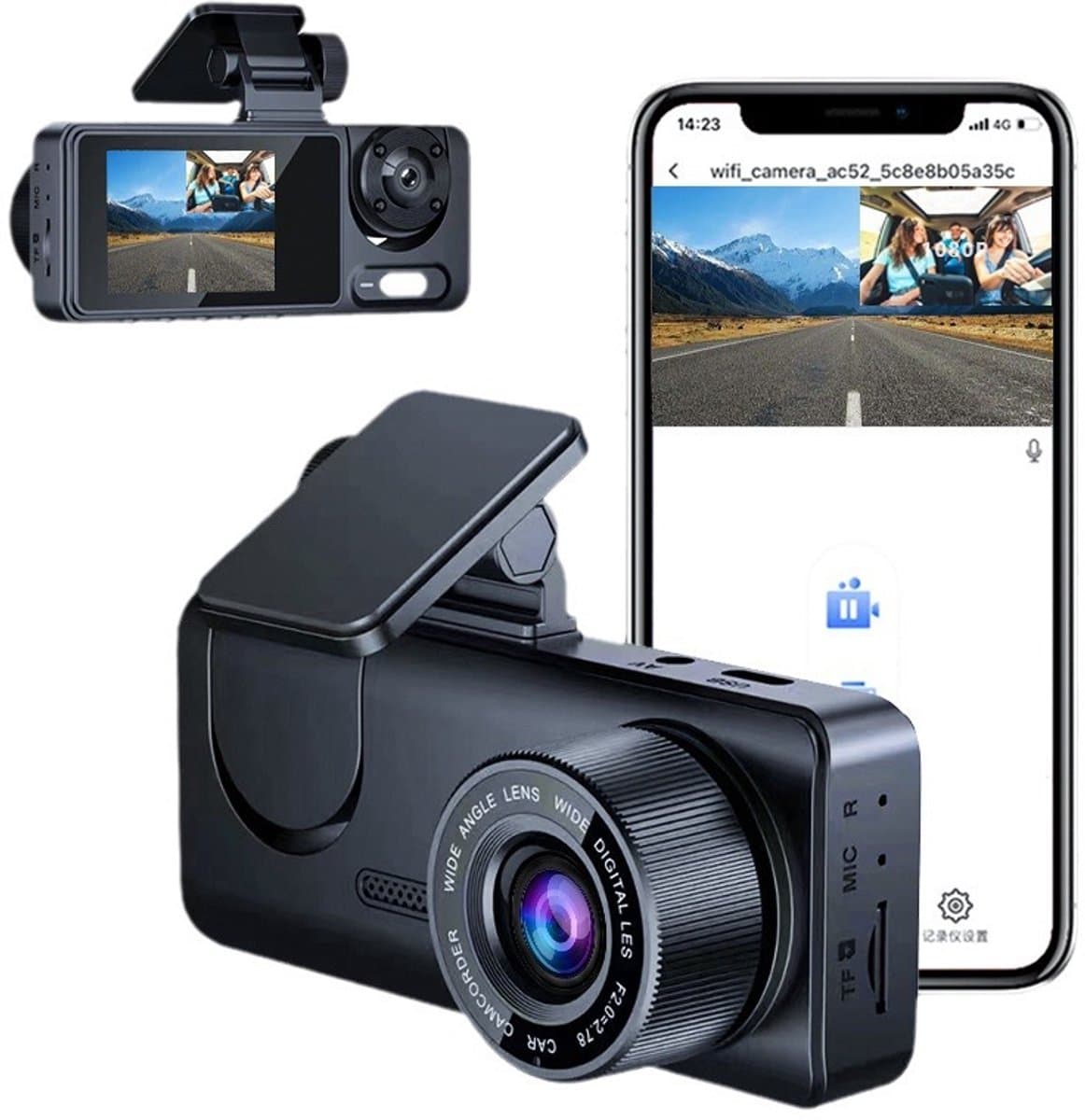 1080P Dashcam met wifi voor auto's, 3-kanaals dashcam voor en achter, 2,0 inch IPS-scherm, loop-opname, G-sensor, WDR, 24-uurs parkeermodus, bewegingsdetectie