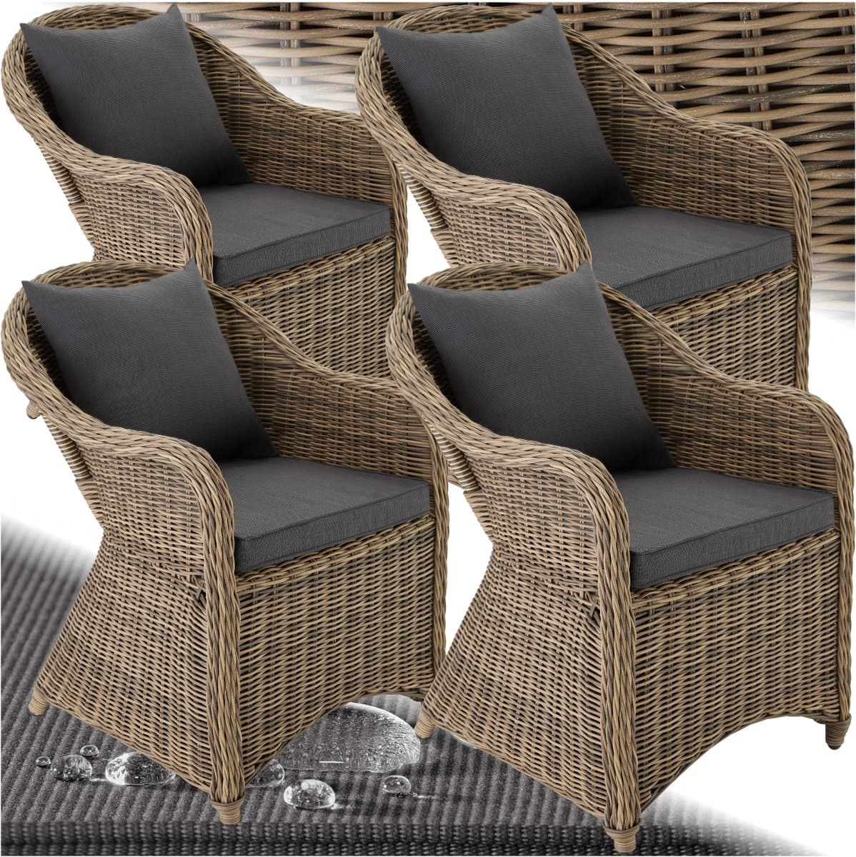 tectake® Rotan Stoelen - set van 4 – Weerbestendige Tuinstoel met Rug- en Zitkussens – Buitenstoel van Riet voor Tuin, Balkon en Serre – Naturel