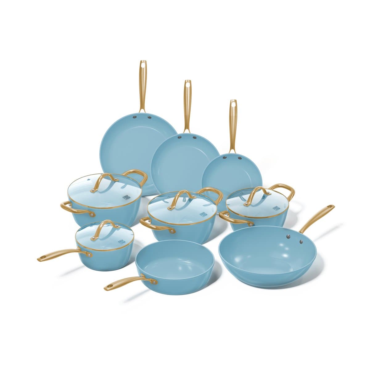 Cook & Pan Ocean Blue Pannenset 9-delig PFAS vrij - Blauw met Gouden Handgrepen - Alle Warmtebronnen - Krasbestendige Anti Aanbaklaag - Vaatwasserbestendig - Gas, Inductie, Elektrisch, Oven - Pannen set - Koekenpan Wokpan Steelpan Hapjespan Kookpot