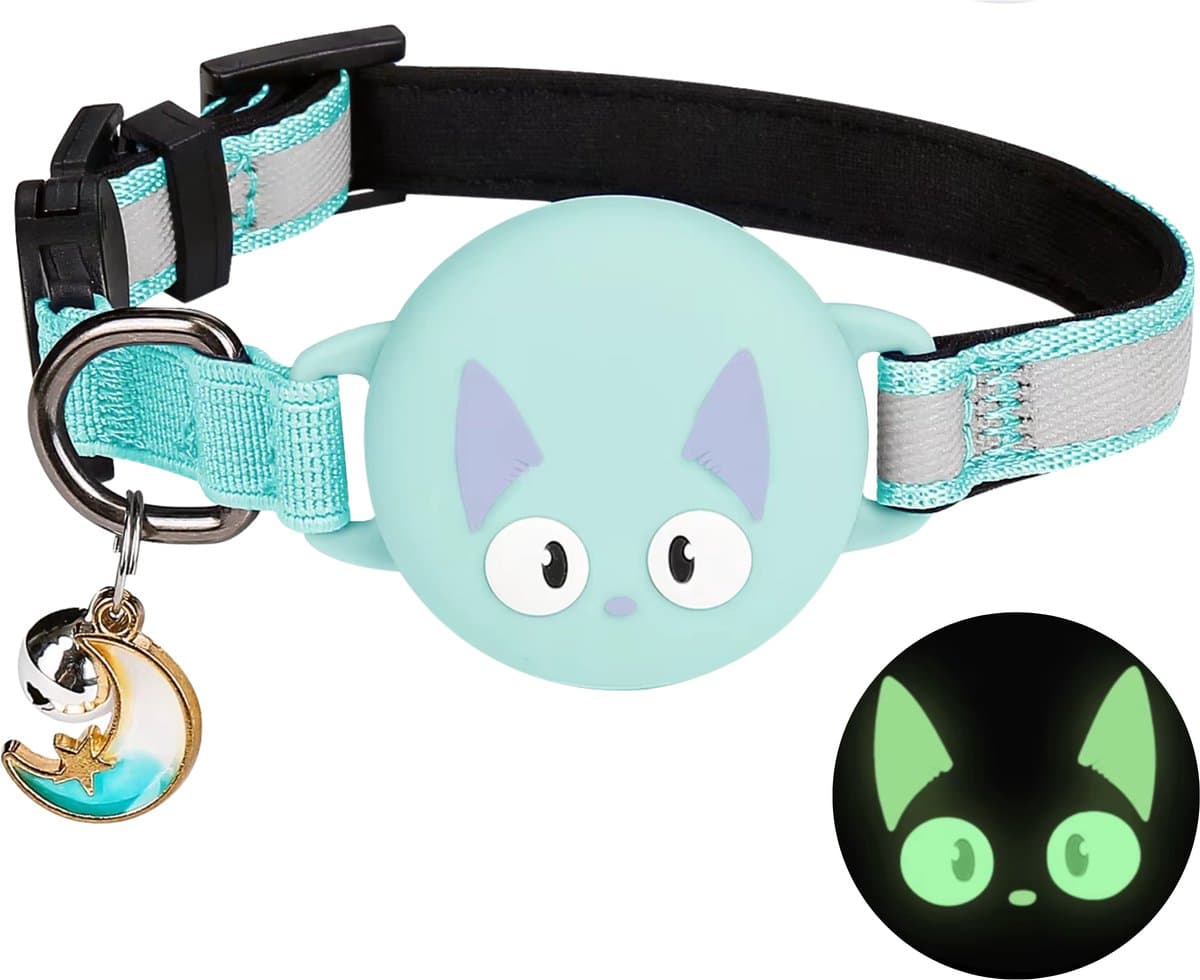 Pets n Paws Kattenhalsband Tag Houder - Verstelbare Halsband Kat - Met belletje - Glow in the Dark - Reflecterend - Geschikt voor AirTag - Kat GPS Tracker Houder - Kitten / Hond - Kattenbandje - Cat Collar - Kattenriem - Aquablauw