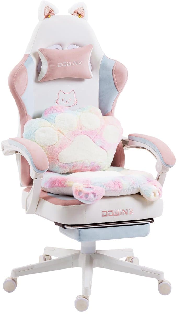 DowinxGaming Stoel Ergonomisch met Voetsteun – Vleugelloze Zit – Verstelbare Rugleuning – Zachte Stof – Multicolor-wit – Voor Gaming, Werk en Studie – Middelgroot
