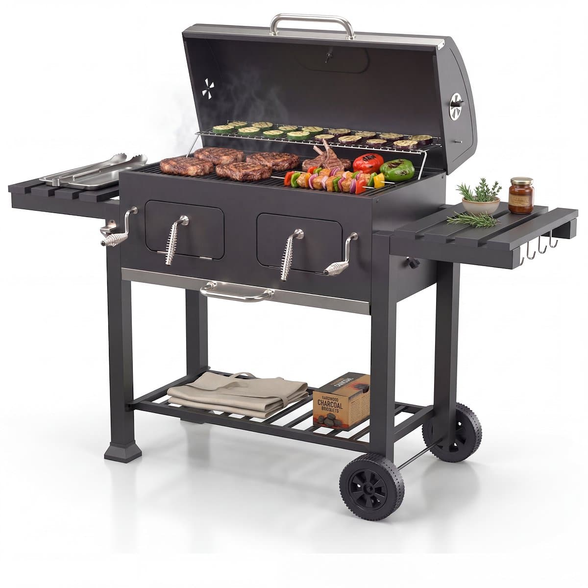 KitchenBrothers Houtskool BBQ XL - Dual Zone Smoker Barbecue - Met Verstelbare Kolenroosters & Inklapbare Zijtafels - PFAS-vrij - 42,3x75,8cm Grilloppervlak - Zwart