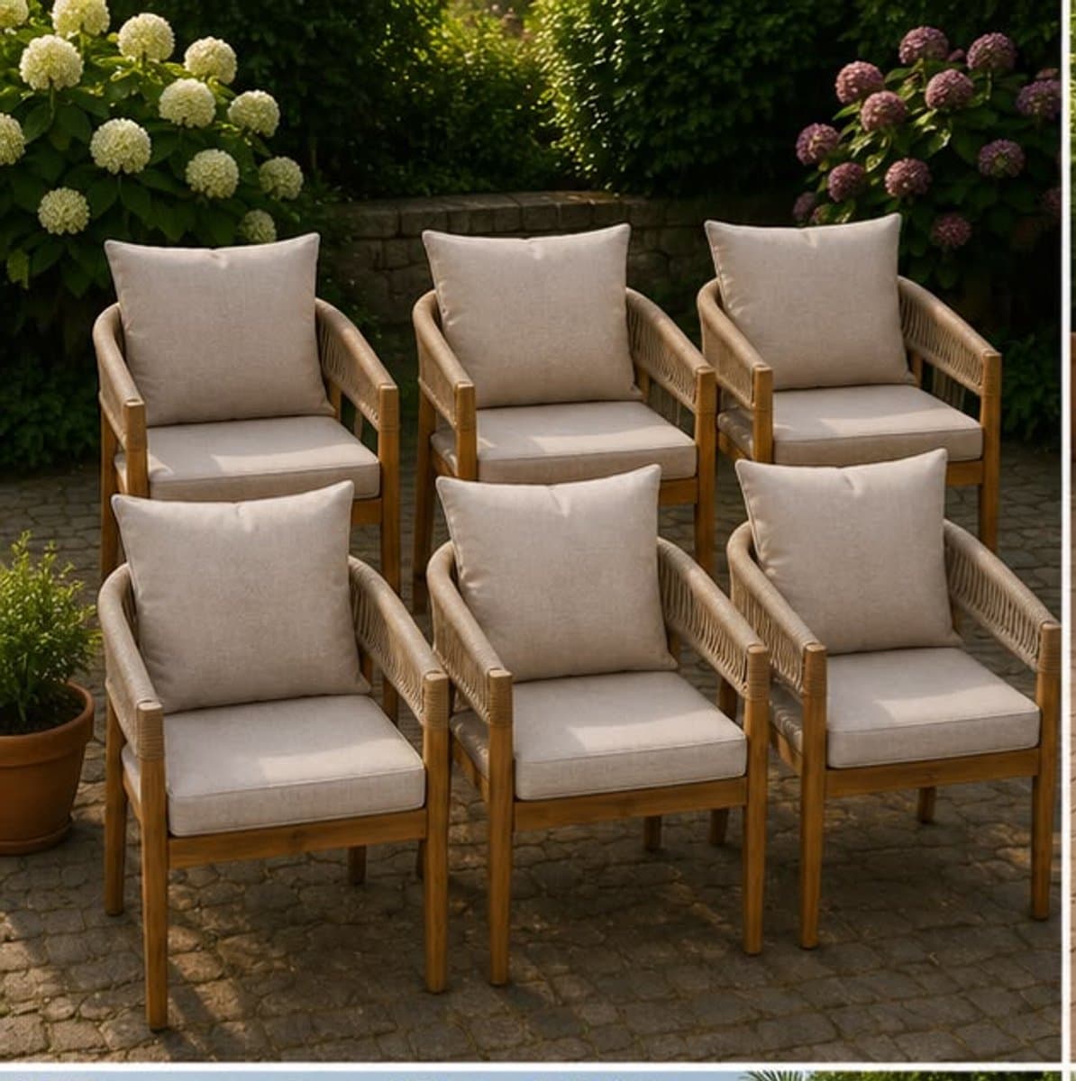 Tuinstoelen Set van 6 59x58x76,5 cm – Acaciahouten Balkonstoelen met Rope Design en Dikke Kussens – Weerbestendige Lounge Stoelen voor Tuin, Terras, Balkon, Eethoek en Serre – Greige – Mobili Bella