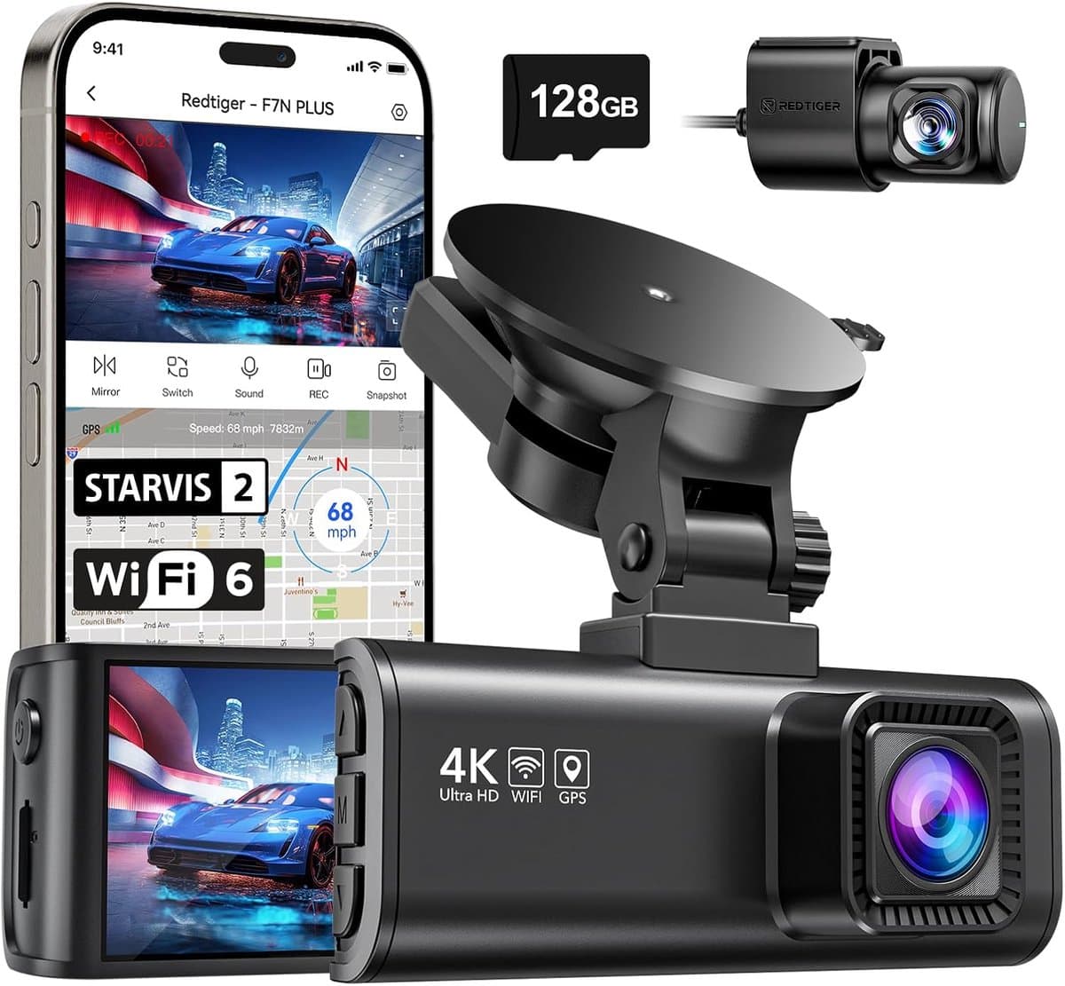 Dashcam auto 4K + 1080P voor en achter - WiFi GPS met nachtzicht, parkeermodus en 170° lens
