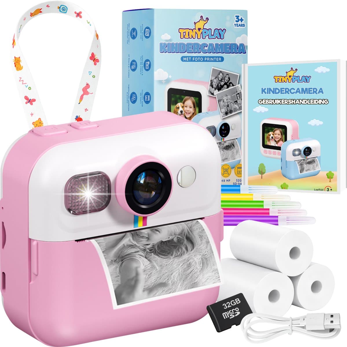TinyPlay Kindercamera met foto printer - 48MP - Digitale Camera Kinderen - 32GB SD kaart - Full HD Foto en Video - Spelletjes - Fotoprinter - Kinder camera - Digitale kindercamera - Roze