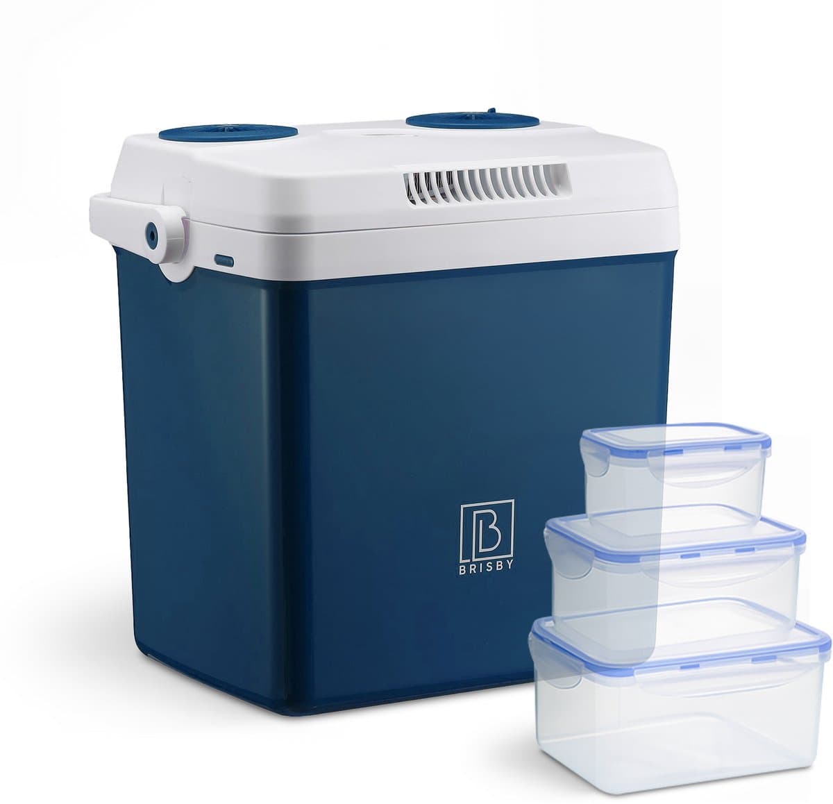 Brisby 25 Liter Elektrische Koelbox, Frigobox Deluxe met 12V, 220/230 Volt Aansluiting voor Auto en Camping – AC/DC - Coolbox - Divider en Deksel vergrendelstand - BLAUW