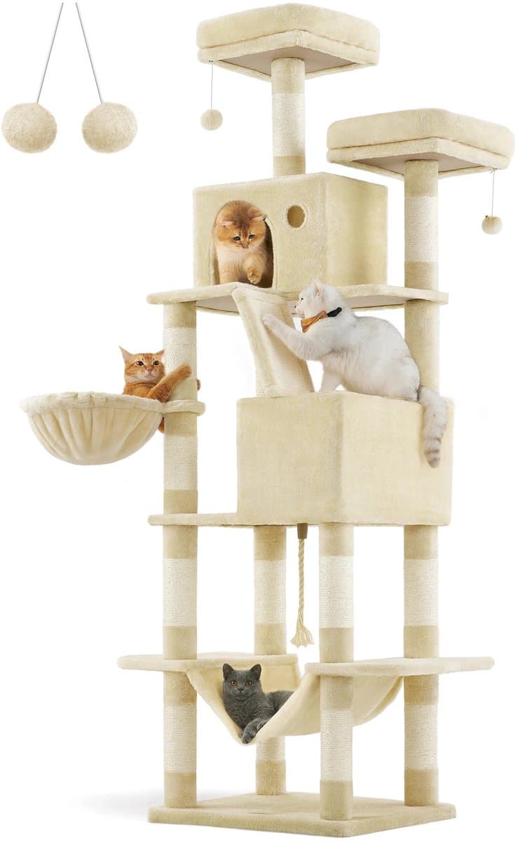 Trexxo krabpaal - katten - groot - meerdere kleuren- met hangmat - pluche ballen - 5 lagen - meerlaagse katten paal - 60x50x206 cm