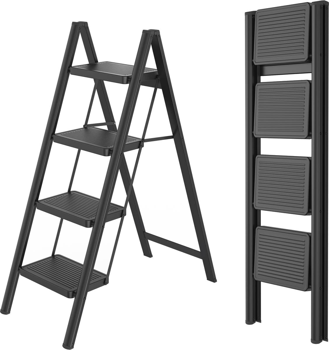 LZQ Opvouwbare trapladder, trapkruk, opvouwbare trap met brede antislip pedaal, multifunctionele huishoudtrap, trap tot 150 kg, zwart voor thuis, keuken, kantoor, buiten - 4 treden