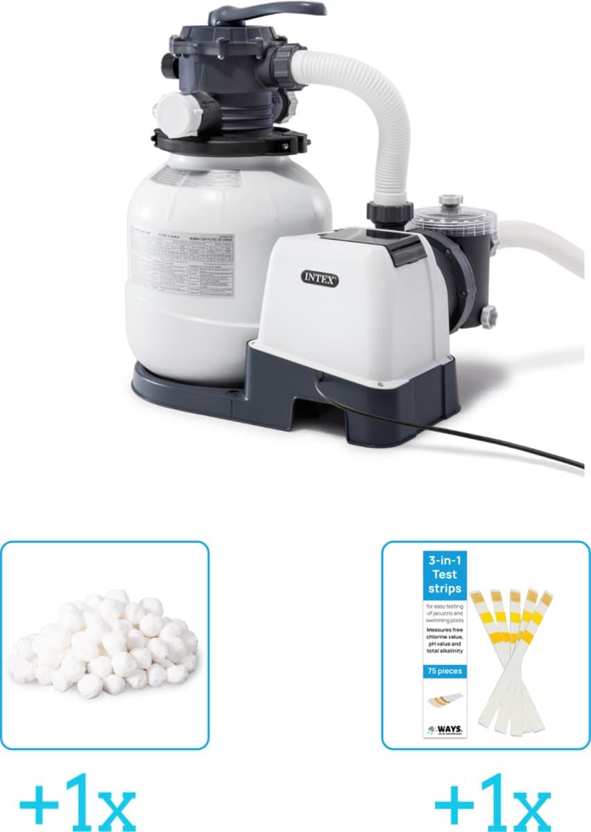 Intex 26646GS Zandfilterpomp - SX2100 - 6000 liter per uur inclusief Intex Filterbollen - Geschikt voor zandfilterpomp - 29045 (1 stuks) & WAYS Testrips (1 stuks)