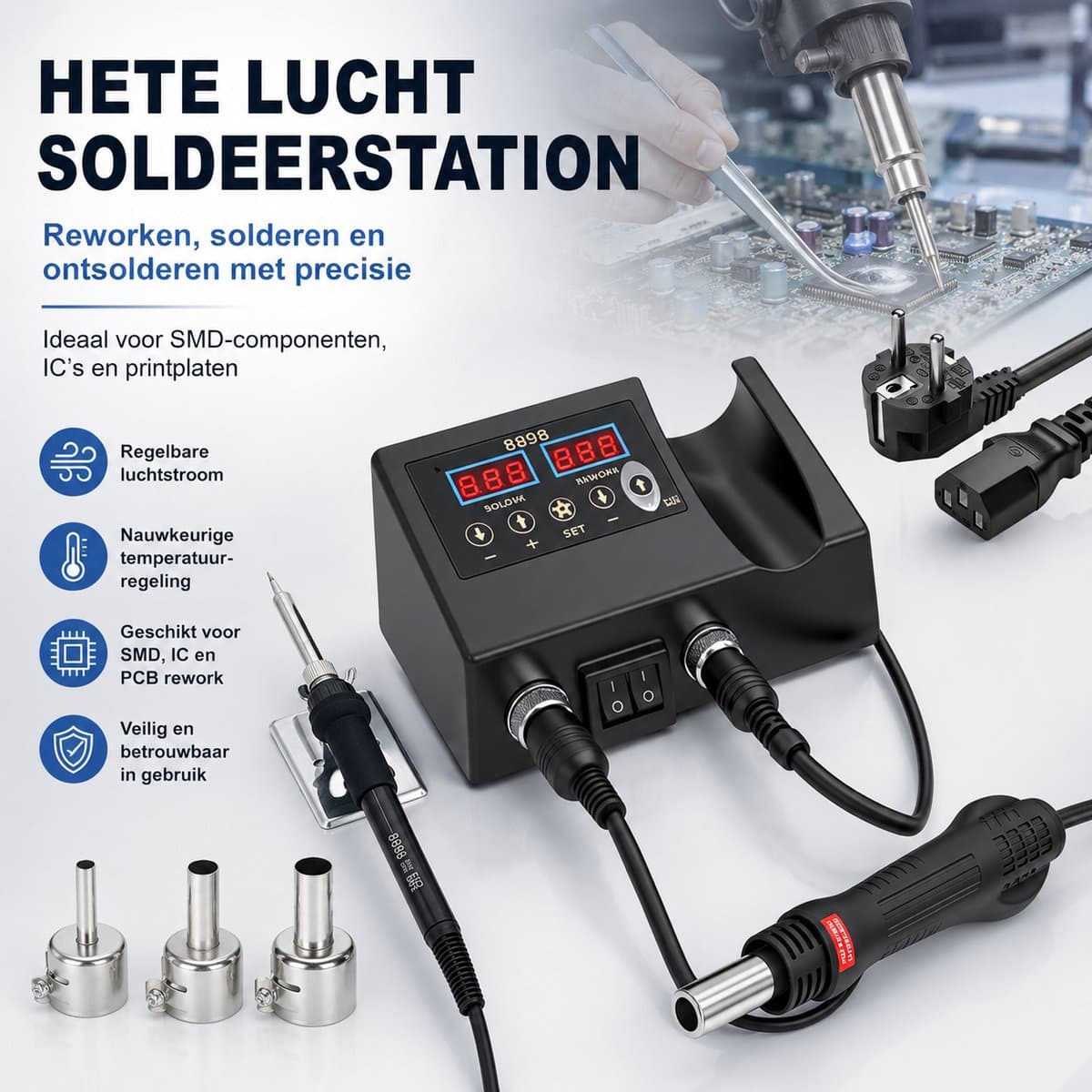 Hete Lucht Rework Station / Soldeerstation / 2-in-1 Desoldeerstation – 3 opzetstukken + standaard – Voor mobiele reparatie, elektronica, SMD, krimpkous, PCB – Professioneel hete luchtpistool + soldeerbout – Handleiding, EU-stekker, papieren doos