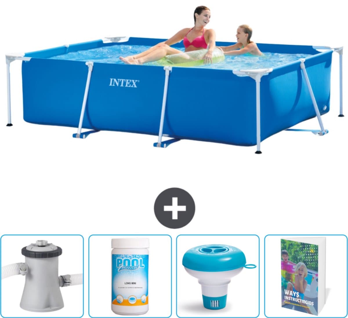 Intex Rechthoekig Frame Zwembad - 220 x 150 x 60 cm - Blauw - Inclusief Zwembadfilterpomp - Chloor - Chloordrijver - Zwembadgids