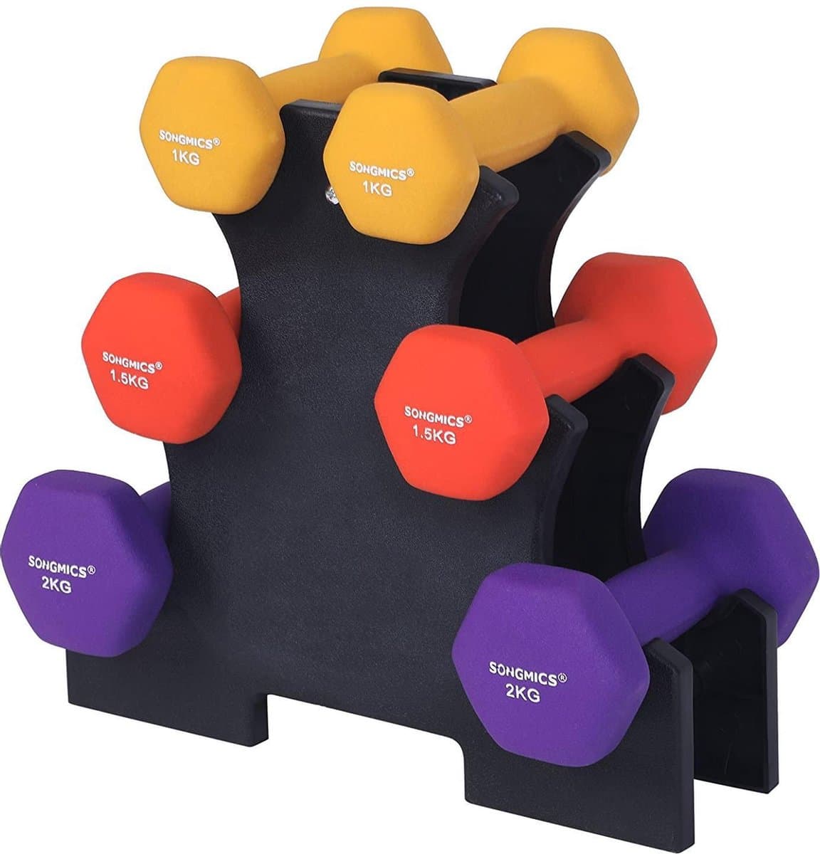 dumbbells dumbbell set, hexagon, met dumbbell stand, 2 x 1 kg, 2 x 1,5 kg, 2 x 2 kg, matte afwerking, neopreen coating, krachttraining voor dames, thuis, gym SYL69BK
