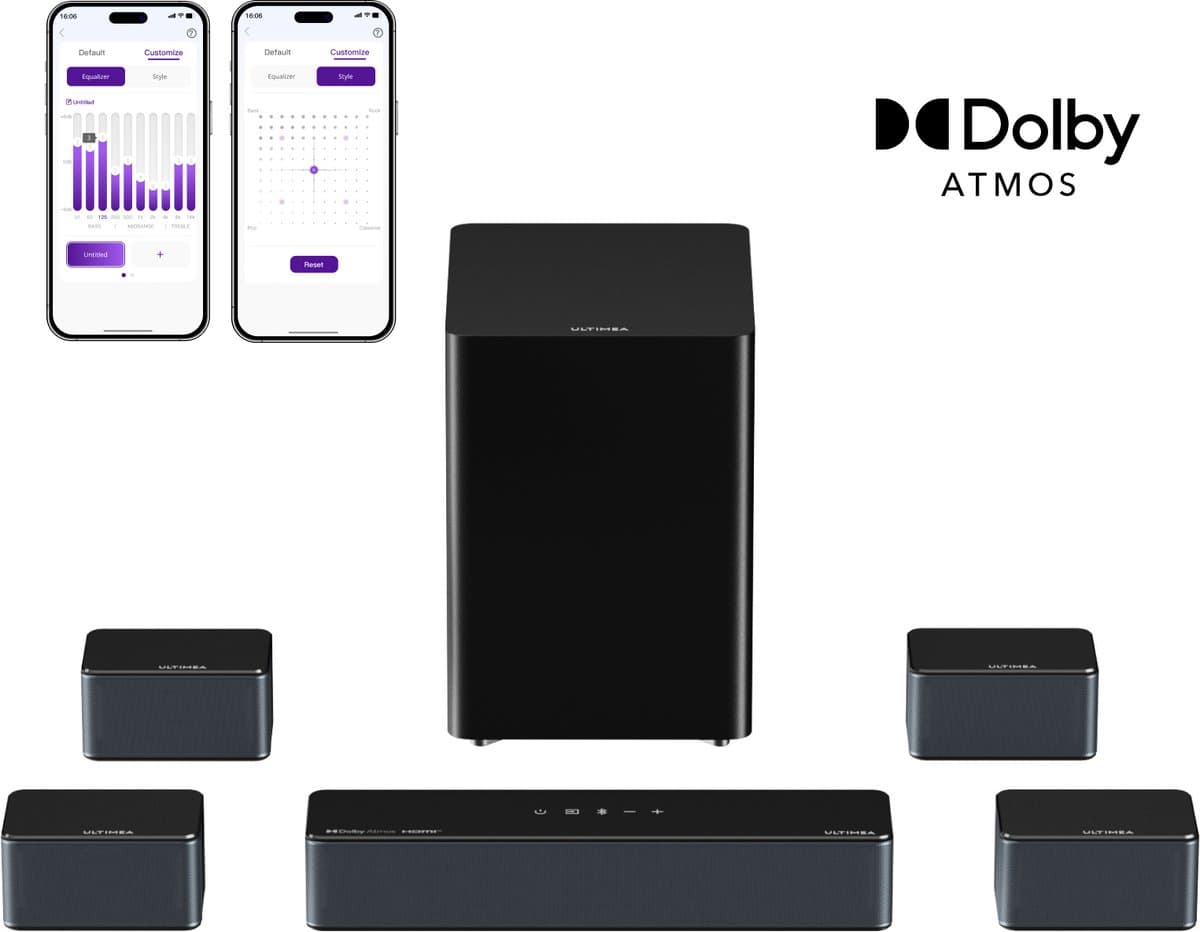 ULTIMEA Poseidon D80 Boom - 7.1 Soundbar voor tv - met Dolby Atmos Soundbar - Draadloze Subwoofer & 4 Surround Speakers