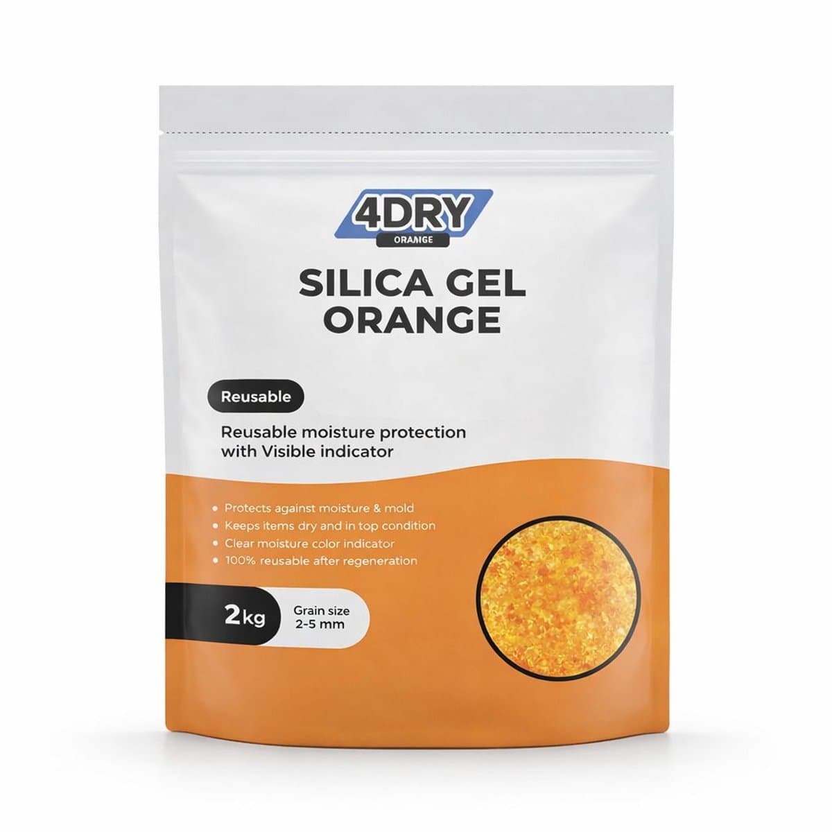 4DRY Orange Silica Gel | 2 kg | Hersluitbare zak | Silica Gel voor filamenten, elektronica, luchtfiltratie etc | Oranje 3 - 5 mm | Met indicator en herbruikbaar