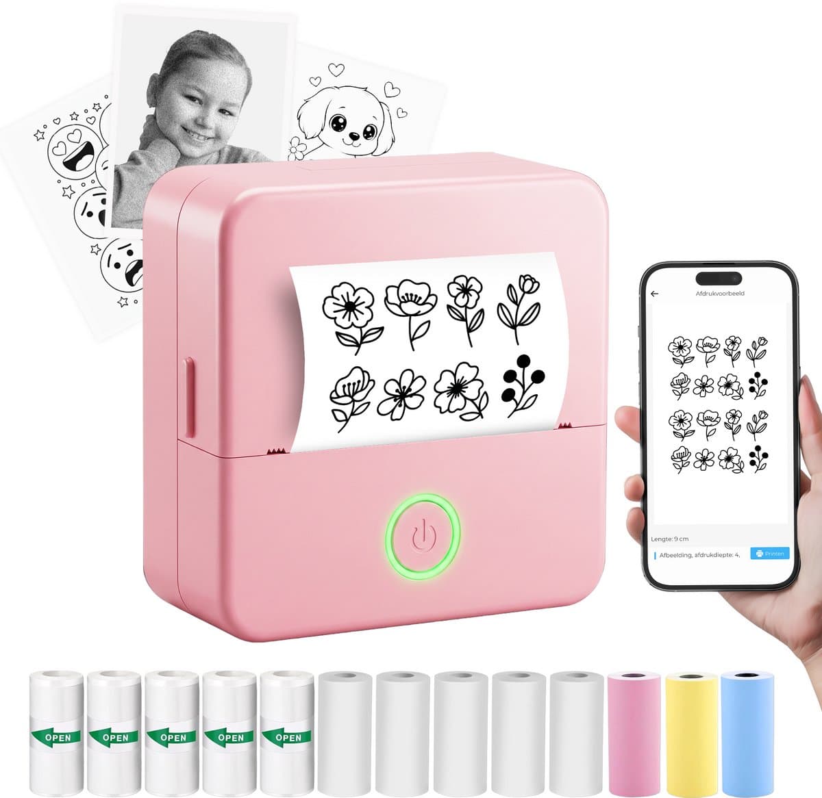 Gatson Mini Printer - Met Opbergcase - Inclusief 14 Rollen Papier (Sticker, Normaal & Kleur) + 5 pennen - Mini Printer voor Mobiel - Pocket Printer - Mobiele Fotoprinter - Schoolspullen - Journaling Producten - Bullet Journal