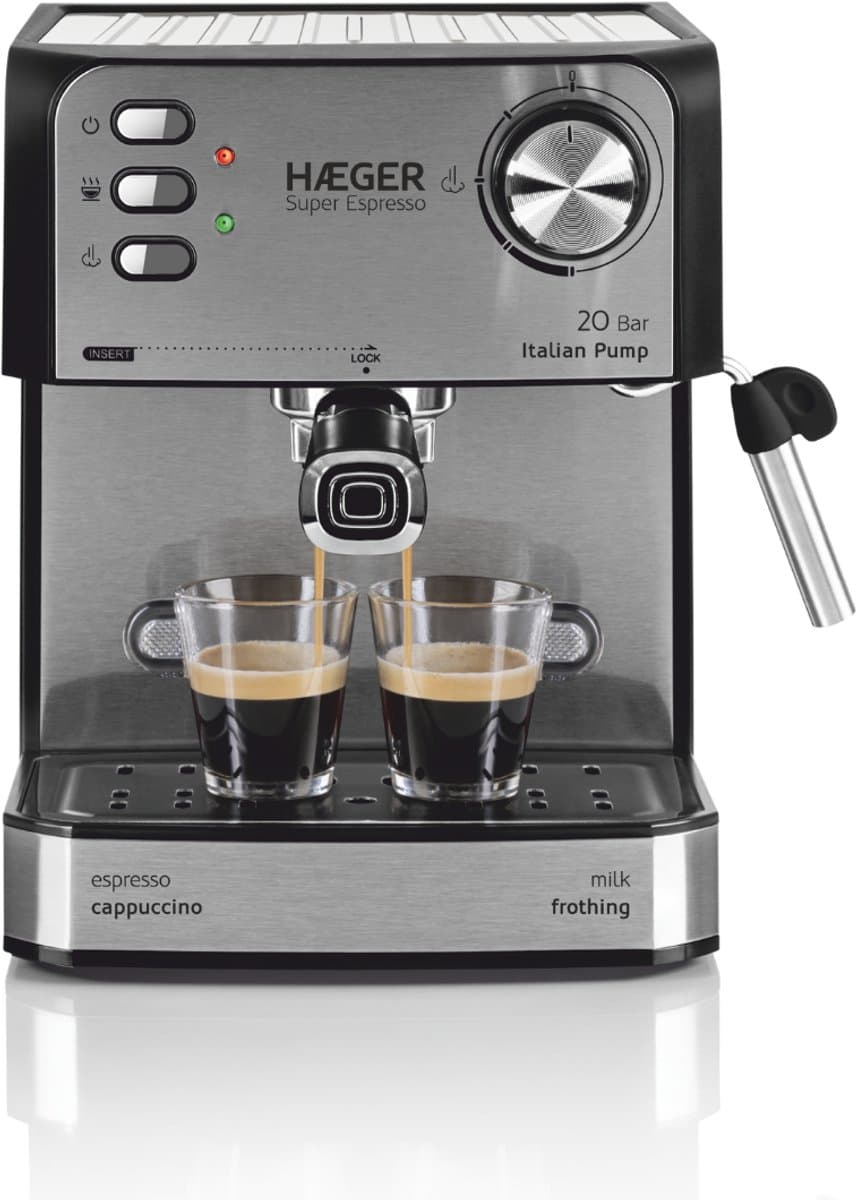 Haeger Super Espresso Pistonmachine - Espressomachine - 20 Bar - Koffiemachine Met Stoompijpje - Kopjesverwarmer - Coffee Machine - RVS - Zilver