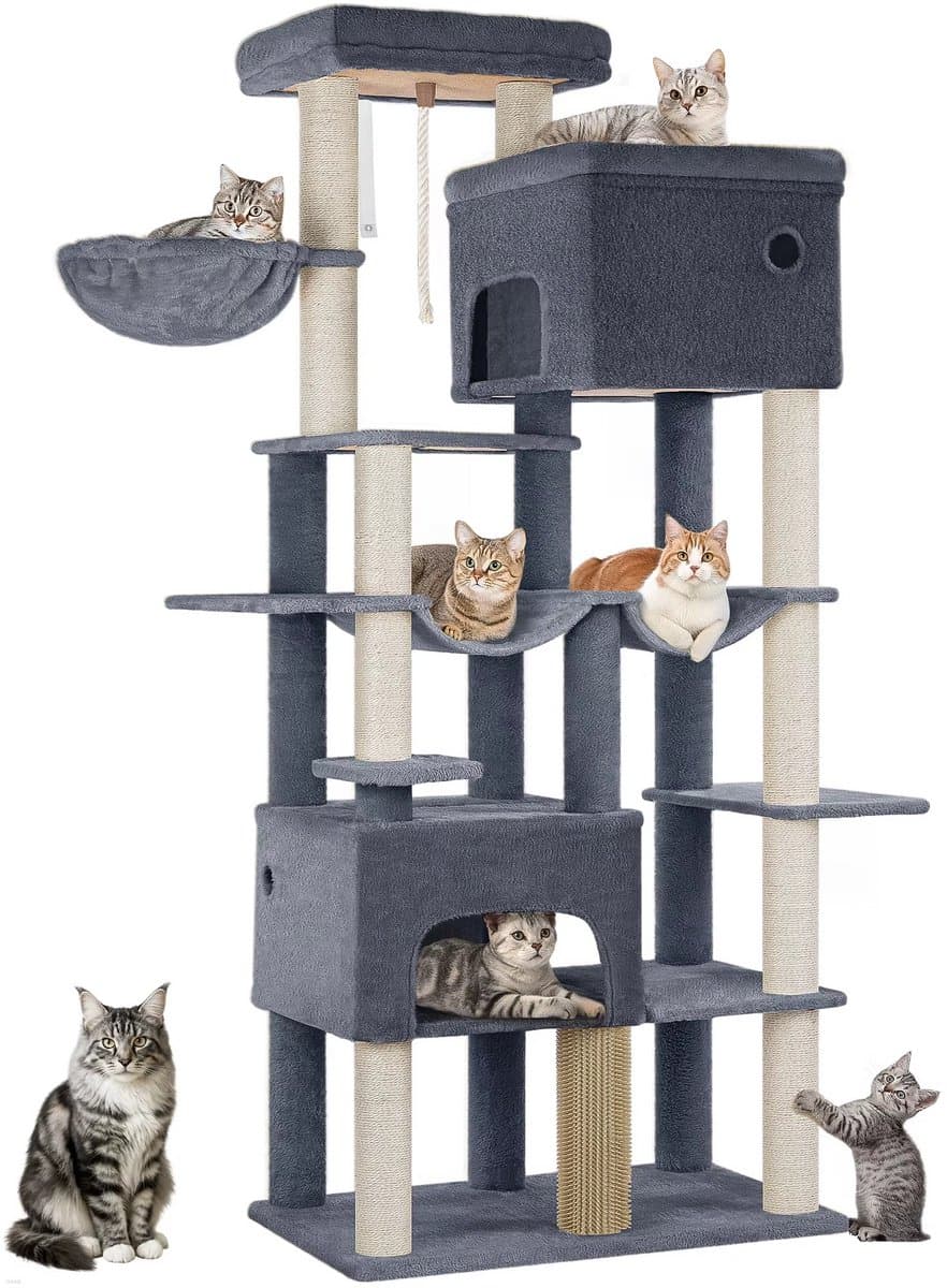 Multi Level Cat Tower - 200 cm - Krabpaal Katten Groot – Met 10 Krabpalen en 2 Hangmatten – Kattentoren met 2 Holletjes, Mand en Platform – Inclusief Kattenborstel – Geschikt voor Grote Katten en Kittens