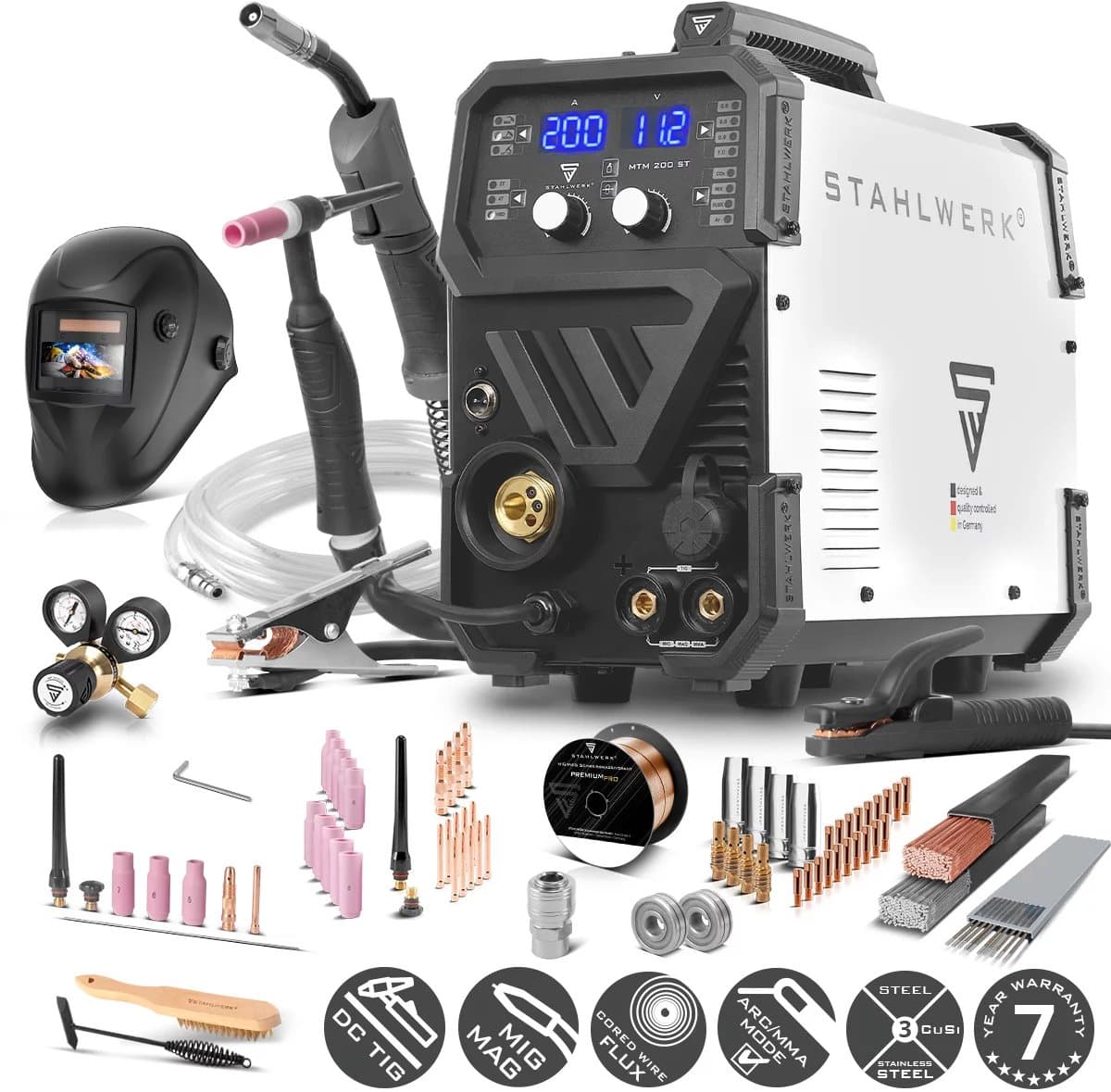 STAHLWERK MTM-200 ST 3-in-1 volledig uitgerust gasbeschermd lasapparaat | 200 A combi-omvormer voor TIG, MIG/MAG, MMA, FLUX, CuSi3 solderen | HF ontsteking | synergische draadaanvoer | VRD en warme start | 2-takt / 4-takt modus
