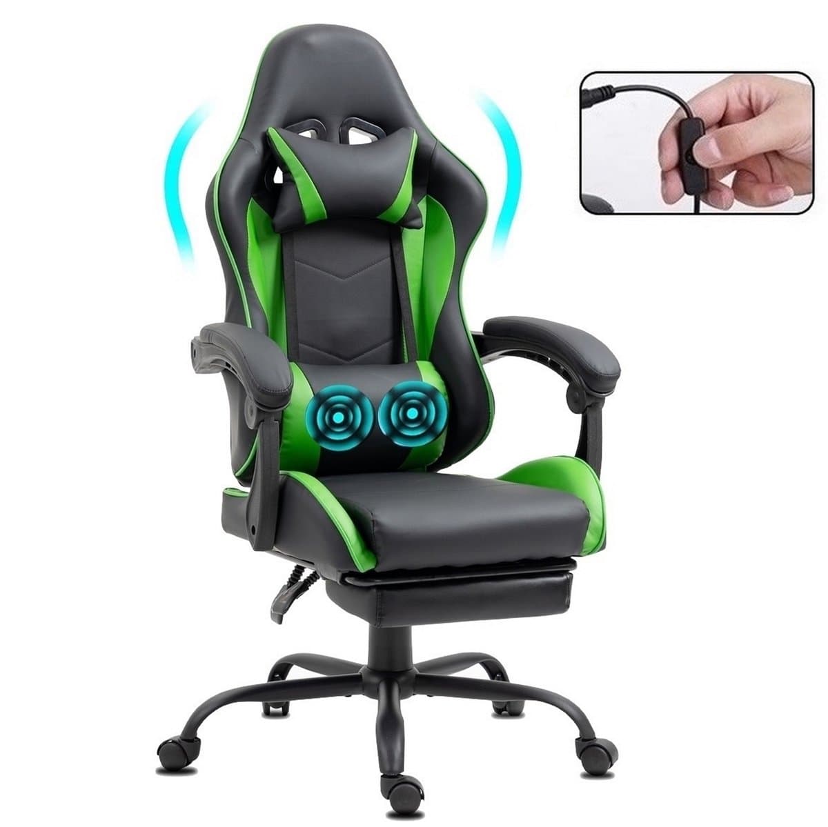 Delman Gaming Stoel met Massage en Voetsteun – Ergonomische Bureaustoel met Hoofdsteun, Verstelbare Rugleuning tot 135°, 360° Draaibare Game Stoel voor Gaming en Thuiswerken
