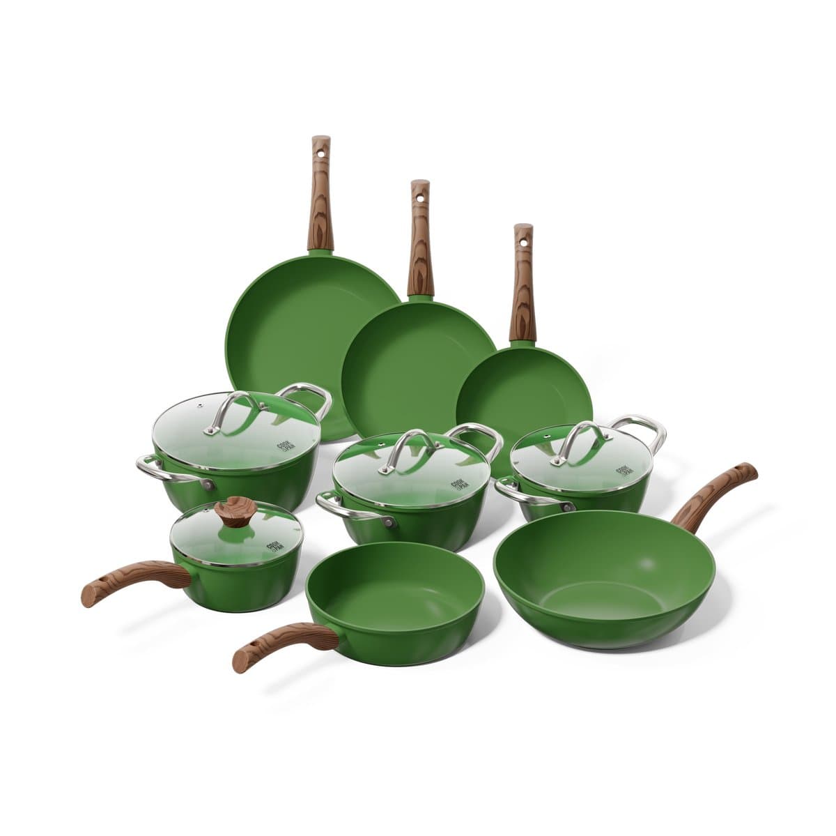 Cook & Pan 9-Delige Pannenset Groen - PFAS vrij - Alle Warmtebronnen - Pannen Set met 7 jaar Garantie - Krasbestendige Anti Aanbaklaag - Vaatwasserbestendig - Gas, Inductie, Elektrisch, Oven - Koekenpan, Wokpan, Steelpan, Hapjespan, Kookpot