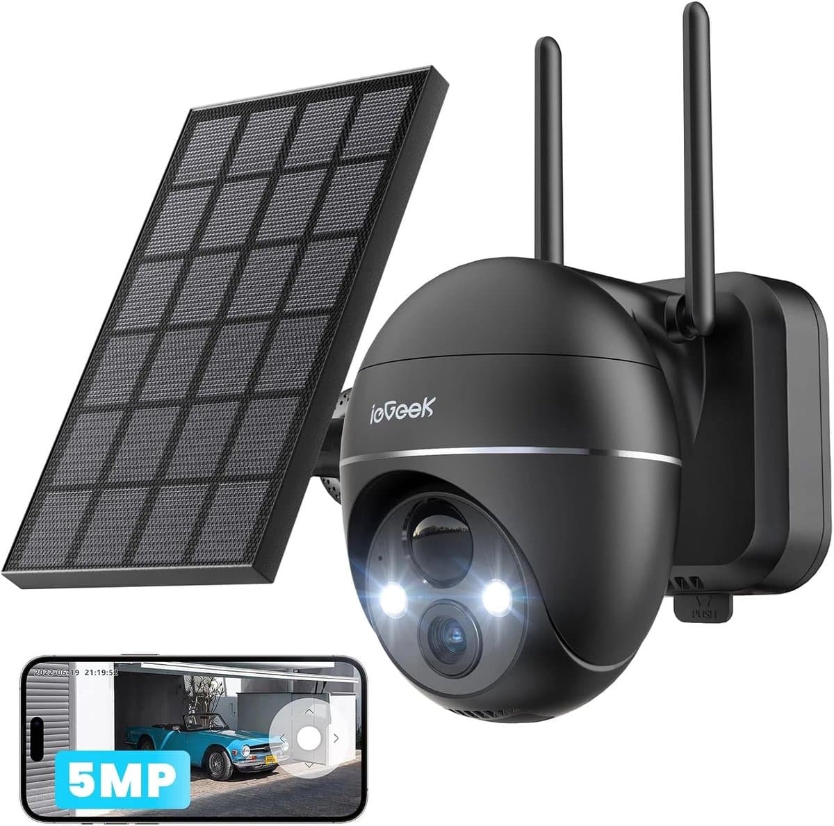 ieGeek 5MP Beveiligingscamera Braadloos Buiten - Zonne Energie Kamera - Draadloos Wifi - 360° PTZ - Werkt op Batterijen - Tschijnwerper en Sirene - Bewegingsdetectie - Kleuren-Nachtzicht - 2-Weg Audio - IP65 - Werkt met Alexa