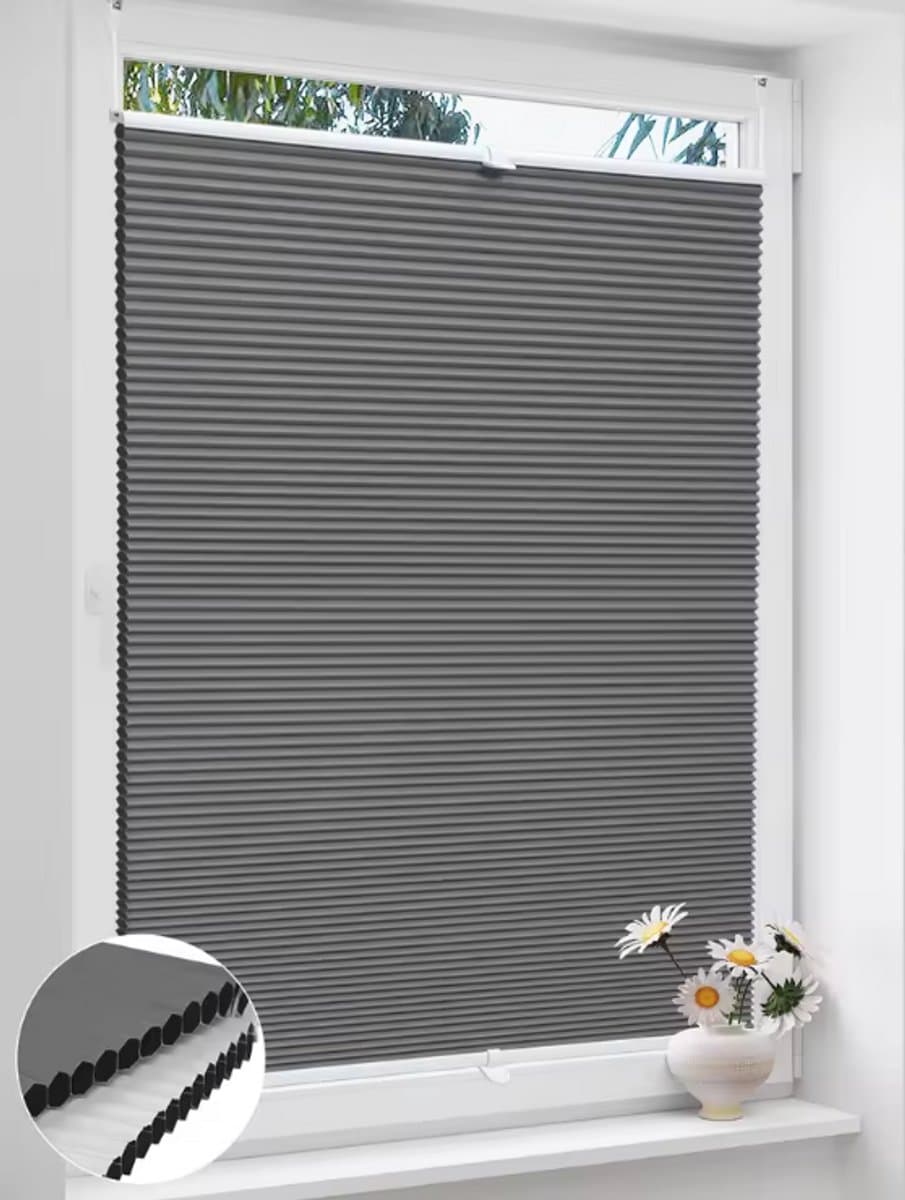 Verduisteringsrolgordijn Honingraat Zonder Boren – Thermisch Geïsoleerd Plisségordijn – Zonwering & Privacy – Grijs – 95 x 130 cm – Voor Raam & Deur