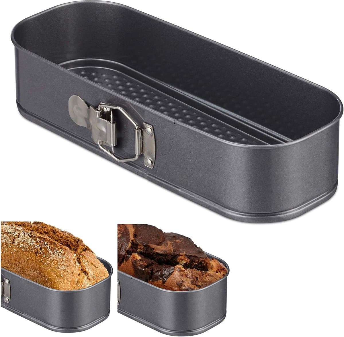 Een springvorm, langwerpig, met antiaanbaklaag, plat, geschikt voor het maken van theebrood, cake, enz., bakvorm, 31 x 12 cm.