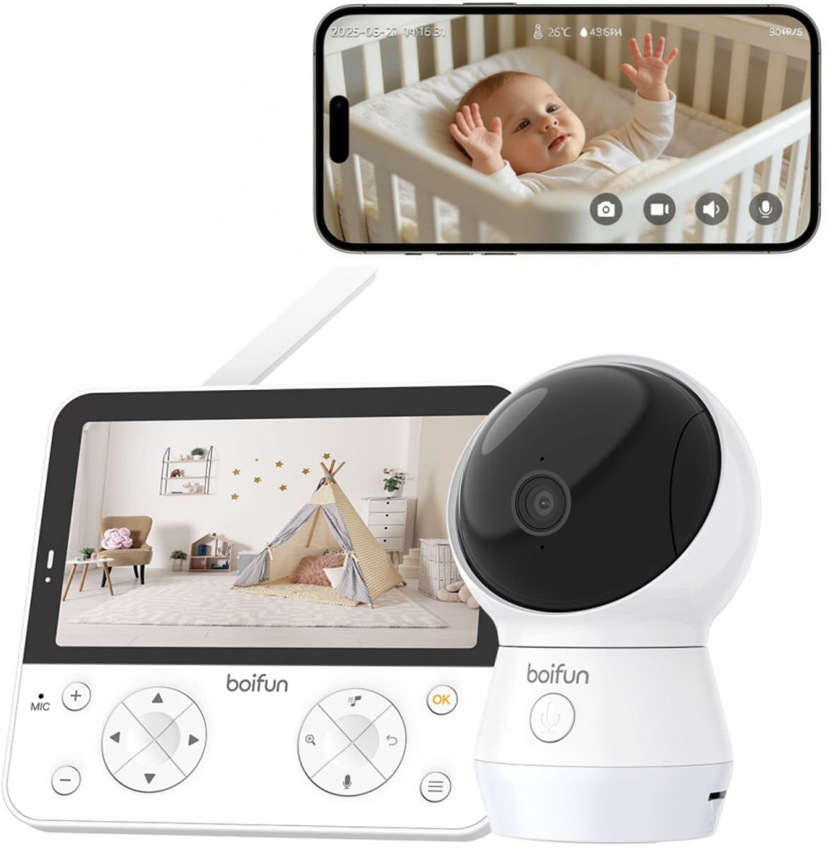 BOIFUN Babyfoon met camera - Baby Monitor - Babyfoon met Camera en App - AI-detectie (Slapen op de Buik en Gezichtsgebied) - Nachtlampje - 5.5 Inch Scherm - Video & Audio