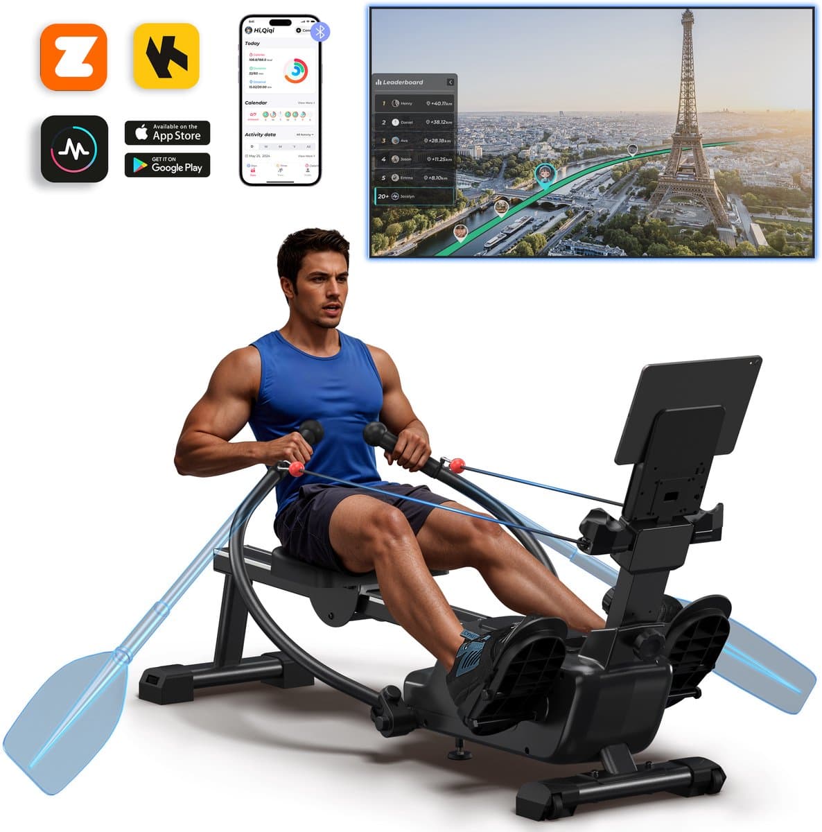 MERACH 2026 Roeimachine met Magnetisch systeem - 7 trainingsmodi roeitrainer - Ergonomisch zitje - LCD-display - Tablet-houder - Interactieve app - Bluetooth - Kinomap-compatibel - Full-body training - 36 kg weerstand - Tot 158 kg