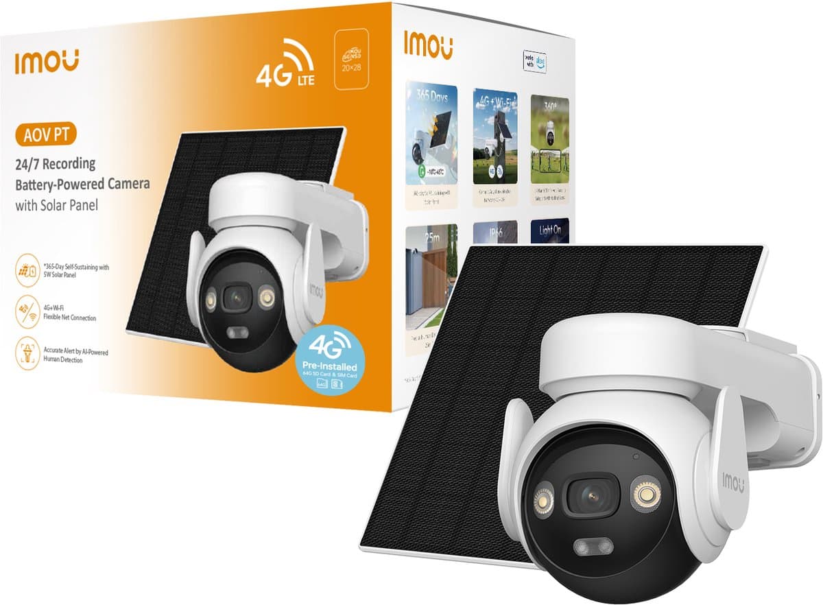 Imou AOV PT 5MP - Buiten IP-camera – Draaibaar (Pan/Tilt) – 2K – Nachtzicht – AI Detectie – Batterij – Incl. 32GB SD-kaart- Met Zonnepaneel