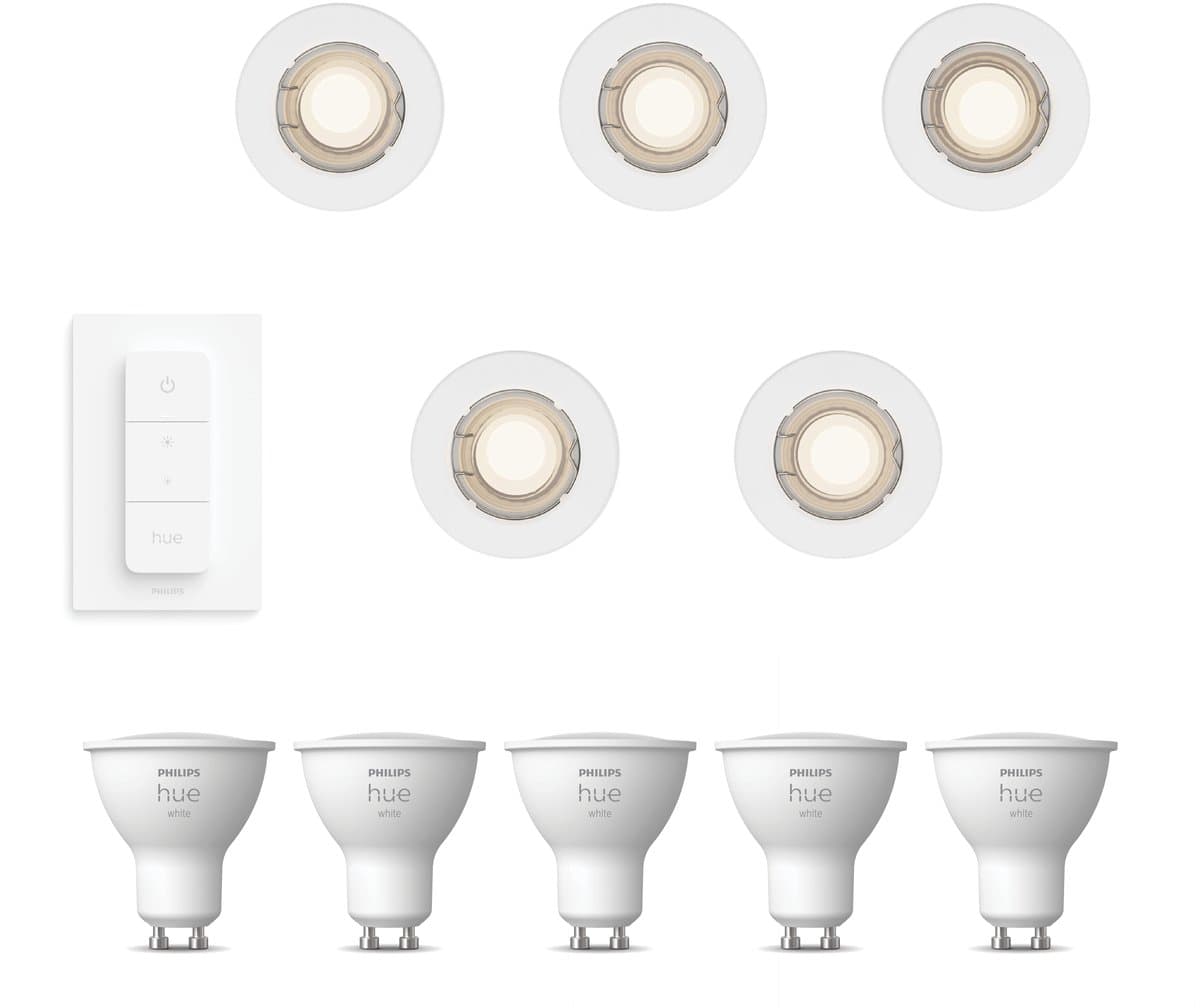 Philips Hue Peridot Set van 5 Inbouwspots (Wit) - Rond - Niet Richtbaar - GU10 - Warmwit Licht - Incl. Hue Dimmer Switch - Hue White
