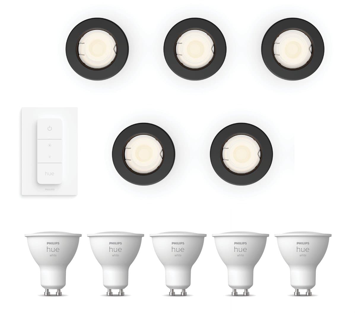 Philips Hue Peridot Set van 5 Inbouwspots (Zwart) - Rond - Niet Richtbaar - GU10 - Warmwit Licht - Incl. Hue Dimmer Switch - Hue White