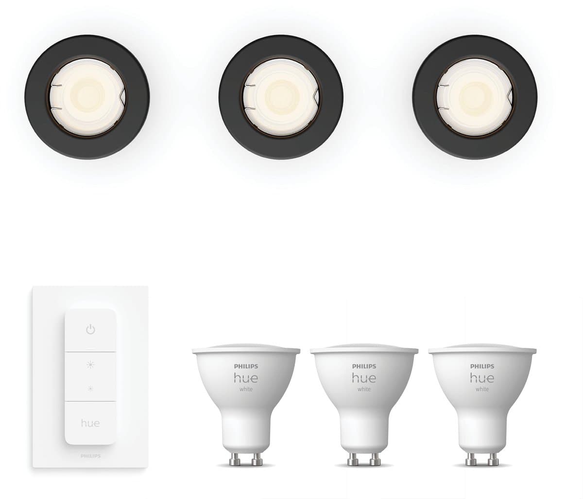 Philips Hue Peridot Set van 3 Inbouwspots (Zwart) - Rond - Niet Richtbaar - GU10 - Warmwit Licht - Incl. Hue Dimmer Switch - Hue White
