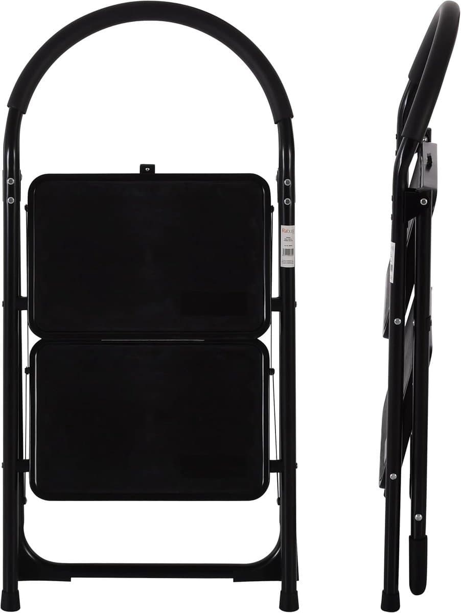 IBBO Shop – Stalen trapladder – Inklapbare trapladder – 2 treden ladder – Antislip trapladder – Huishoudtrap – Compacte trapladder – Stabiele ladder – Zwart