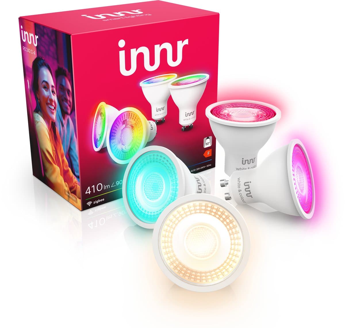 Innr smart GU10 lamp - Zigbee - geschikt voor Philips Hue - LED spot - wit en gekleurd licht - slimme lamp - ledlamp dimbaar - 410 lumen - 4 pack