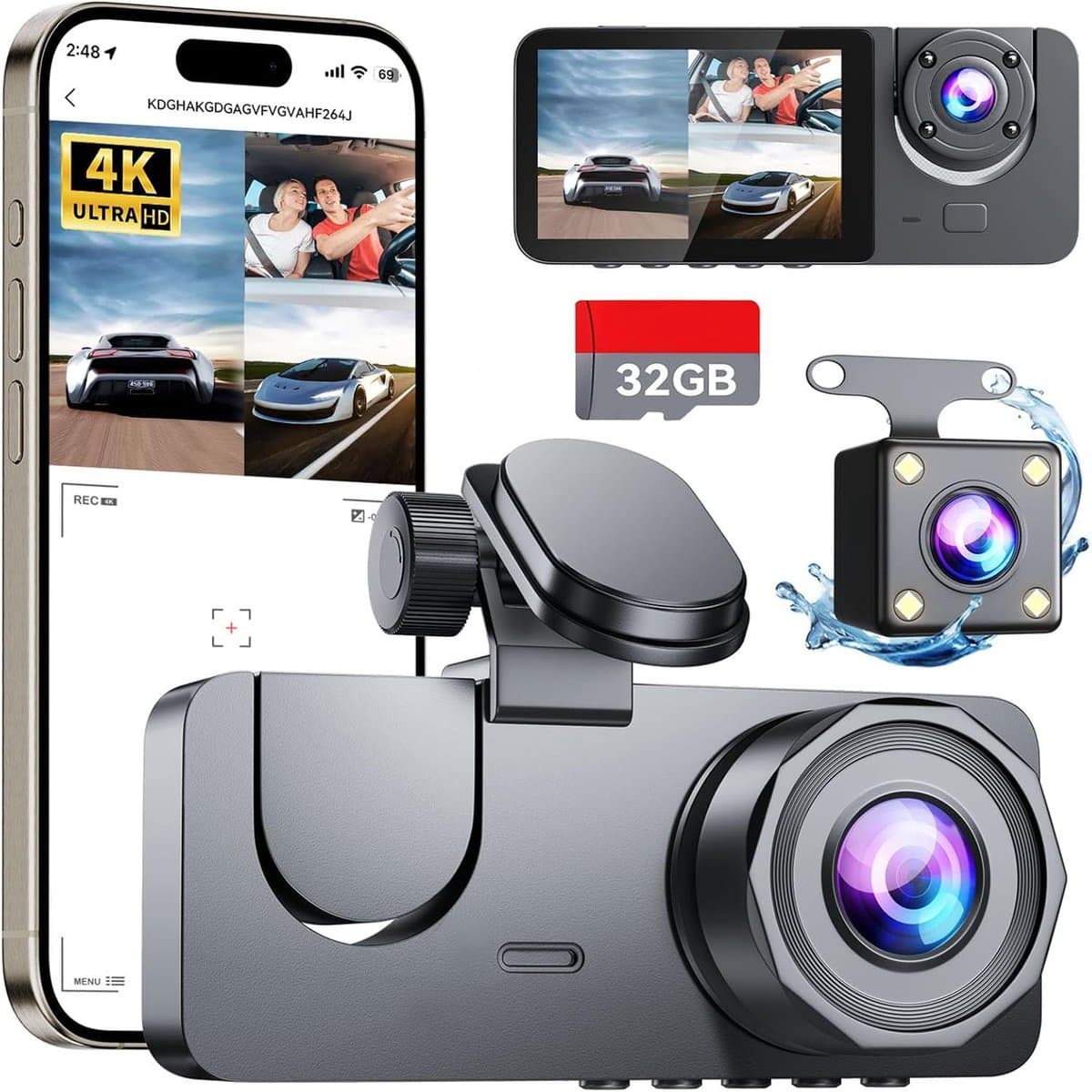 4K Dashcam voor auto, voor- en achtercamera, wifi-gps-autocamera met 32GB SD-kaart, 3-kanaals autocamera, 170° groothoek, nachtzicht, WDR, G-sensor, 24-uurs parkeermodus, loop-opname