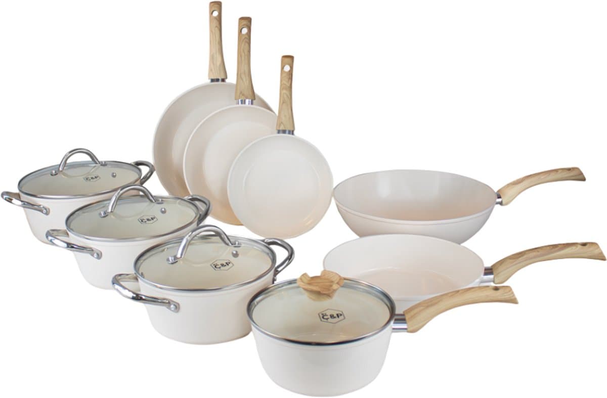 Cook & Pan 9-Delige Pannenset Crème - PFAS vrij - Alle Warmtebronnen - Pannen Set met 7 jaar Garantie - Krasbestendige Anti Aanbaklaag - Vaatwasserbestendig - Gas, Inductie, Elektrisch, Oven - Koekenpan, Wokpan, Steelpan, Hapjespan, Kookpot - Beige