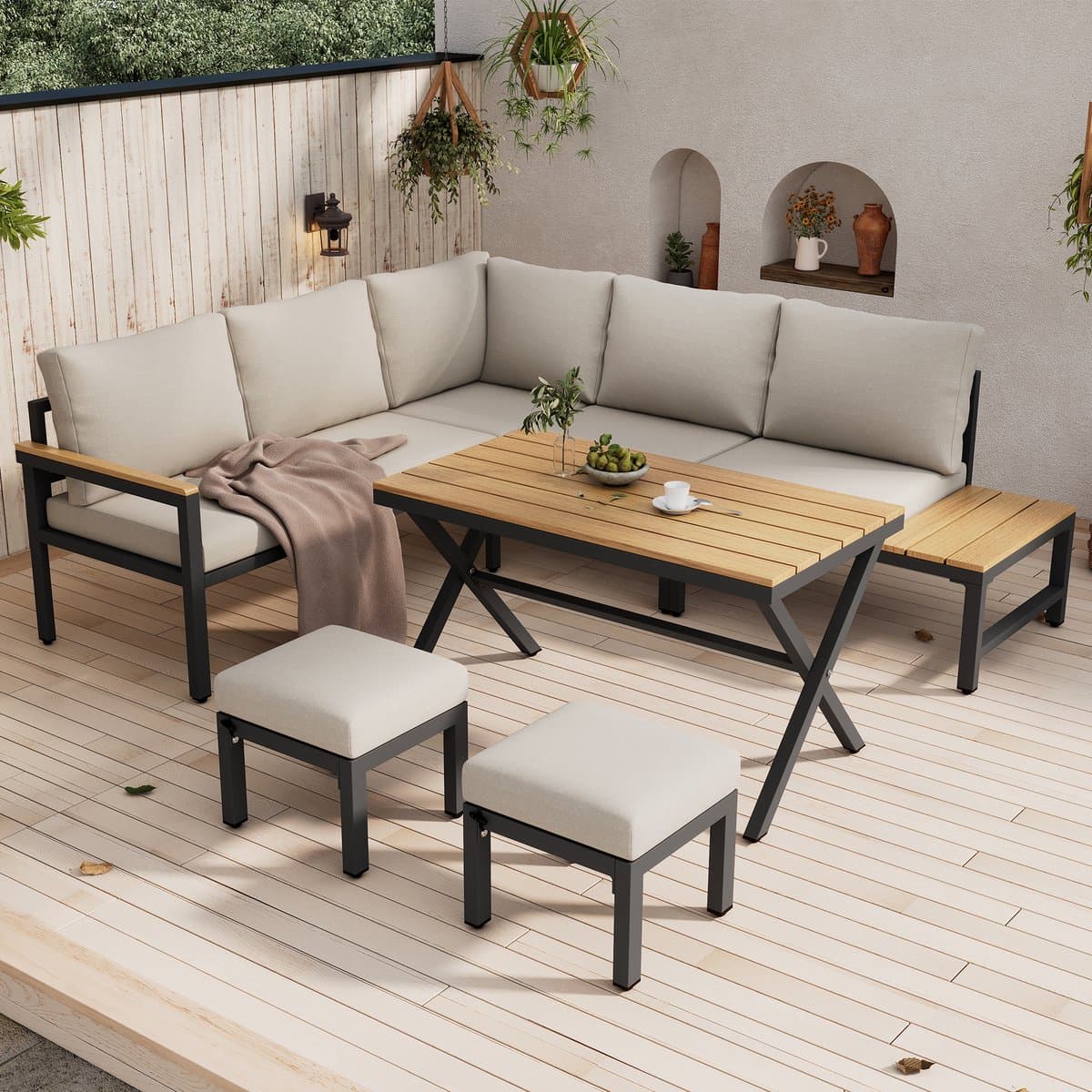 Tuin eettafel en stoelen set - Tuin lounge stoel set, 4 delige set - Tuinmeubelset - hoekbank - grijs