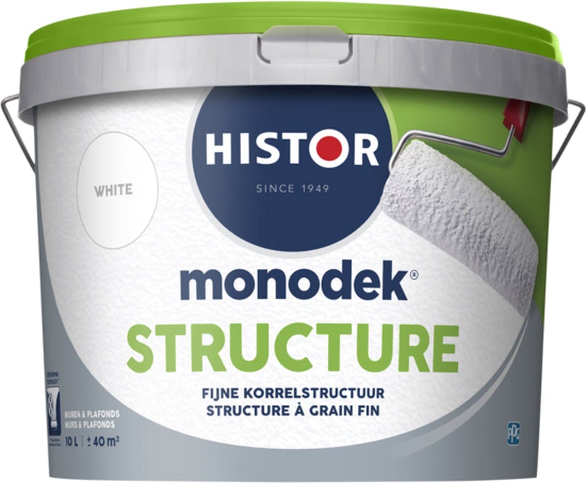 Histor Monodek Structure Muurverf – Matte Structuurverf met Fijne Korrel – Camoufleert Oneffenheden – Geurarm en Oplosmiddelvrij – Voor Binnen – Wit – 10L